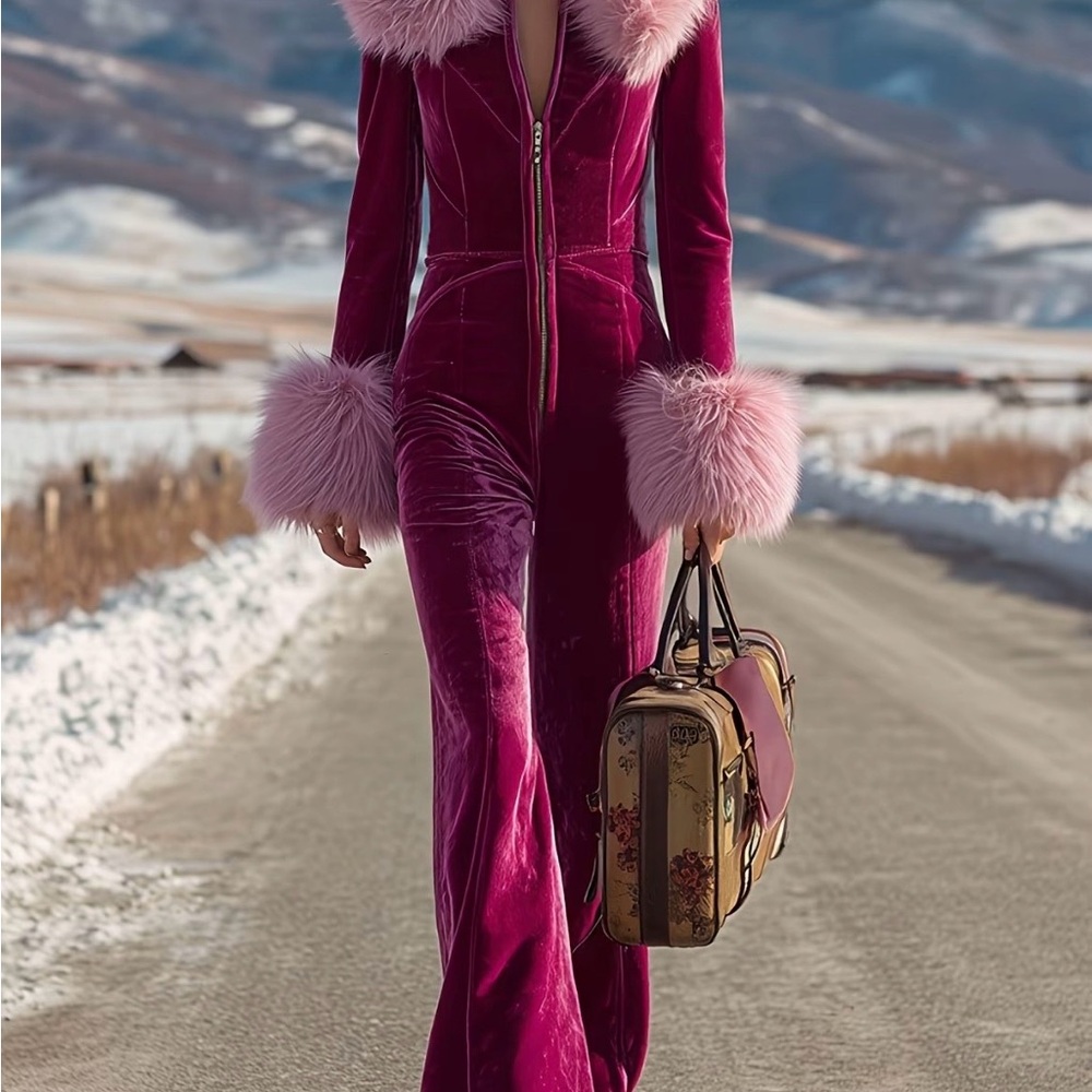 S0LD‼️ Chic Velvet Jumpsuit with Faux Fur Accents - Picture 1 of 3